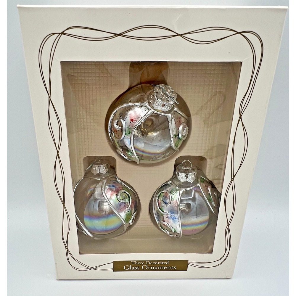 3 Blown Glass Christimas Ornaments Multicolor Swirls 1996 Dayton Hudson Boxed